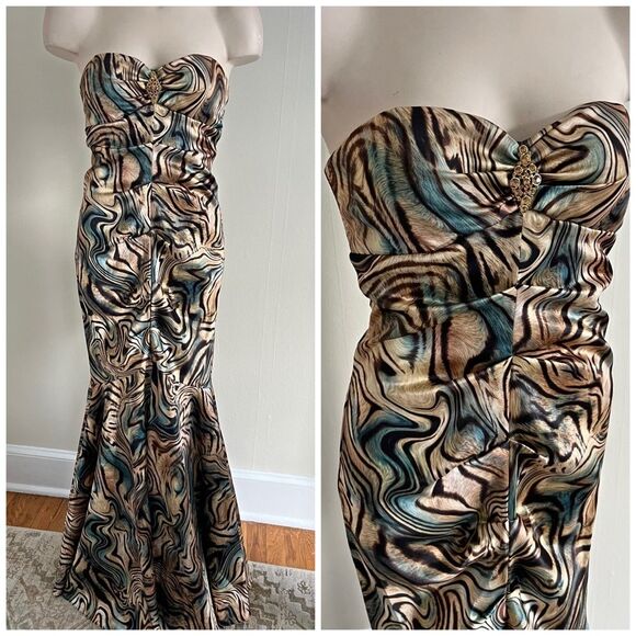 Marble Swirl Strapless Ruched Gown Rhinestone Formal Dress by Xscape Sz 6 Y2K - Picture 1 of 10